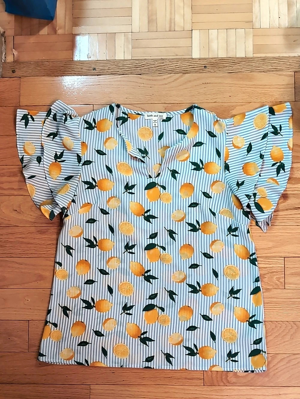 faith and joy Lemon Print Ruffle Sleeve Blouse in